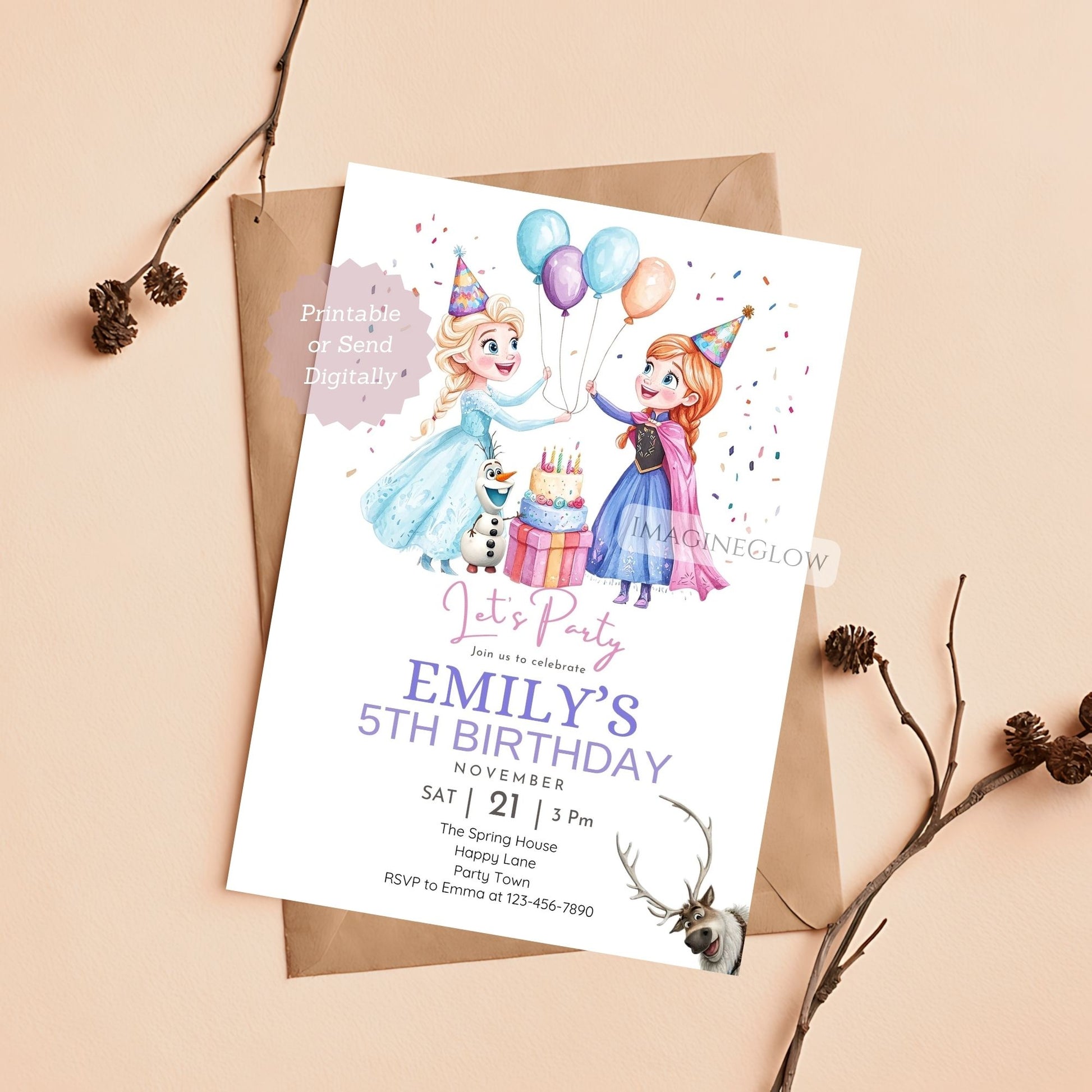 digital frozen party invitation
snowflake themed birthday card
