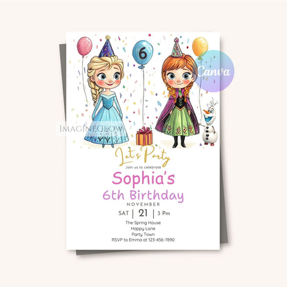 Elsa and Anna themed birthday invitation
