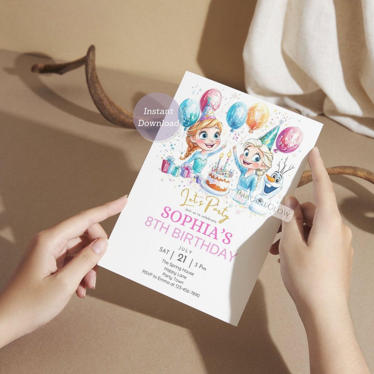 Digital birthday card with Elsa, Anna, and Olaf design

