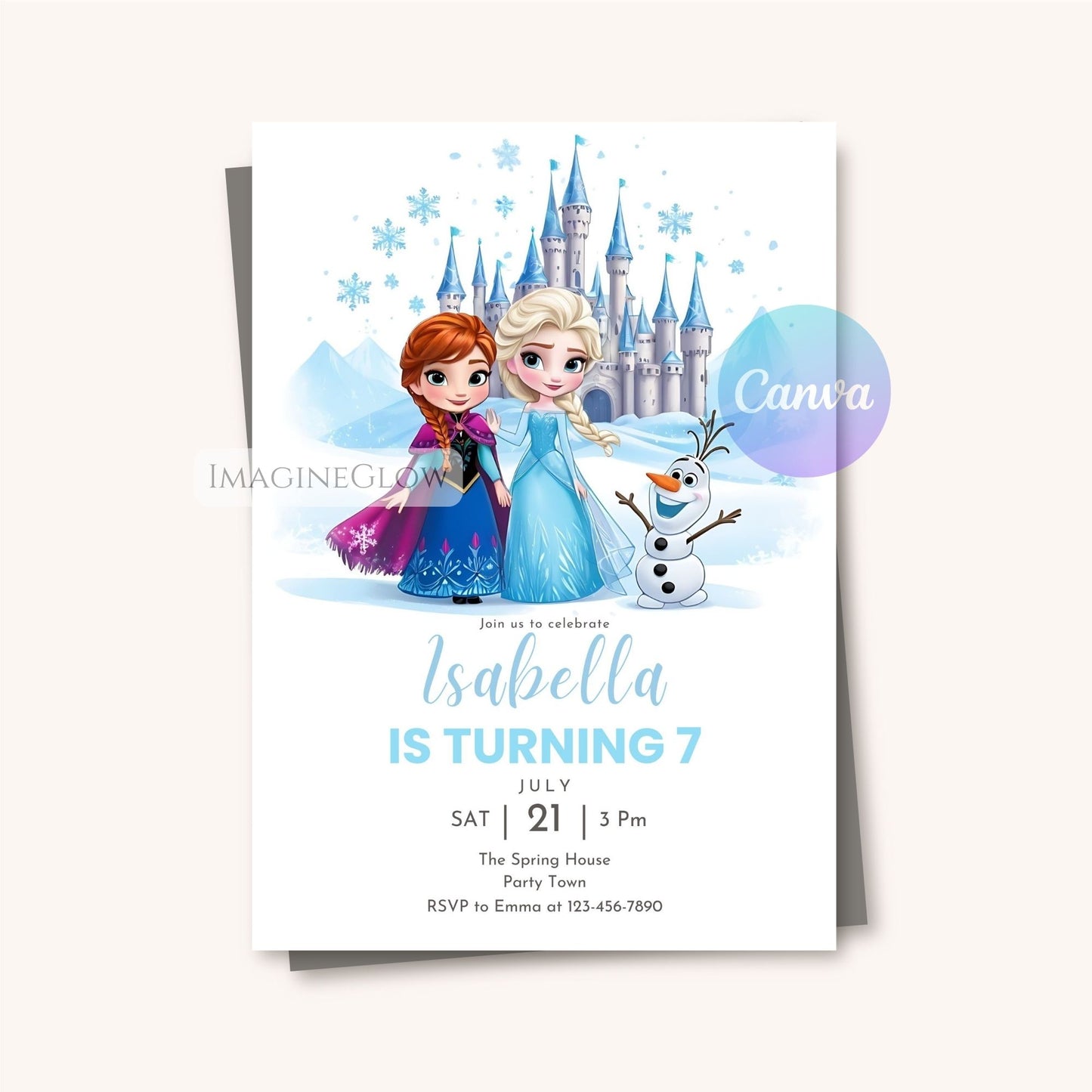 Frozen-themed birthday invitation card with Elsa, Anna, and Olaf in front of a castle.