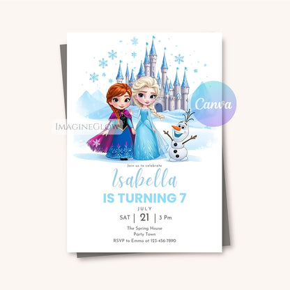 Frozen-themed birthday invitation card with Elsa, Anna, and Olaf in front of a castle.