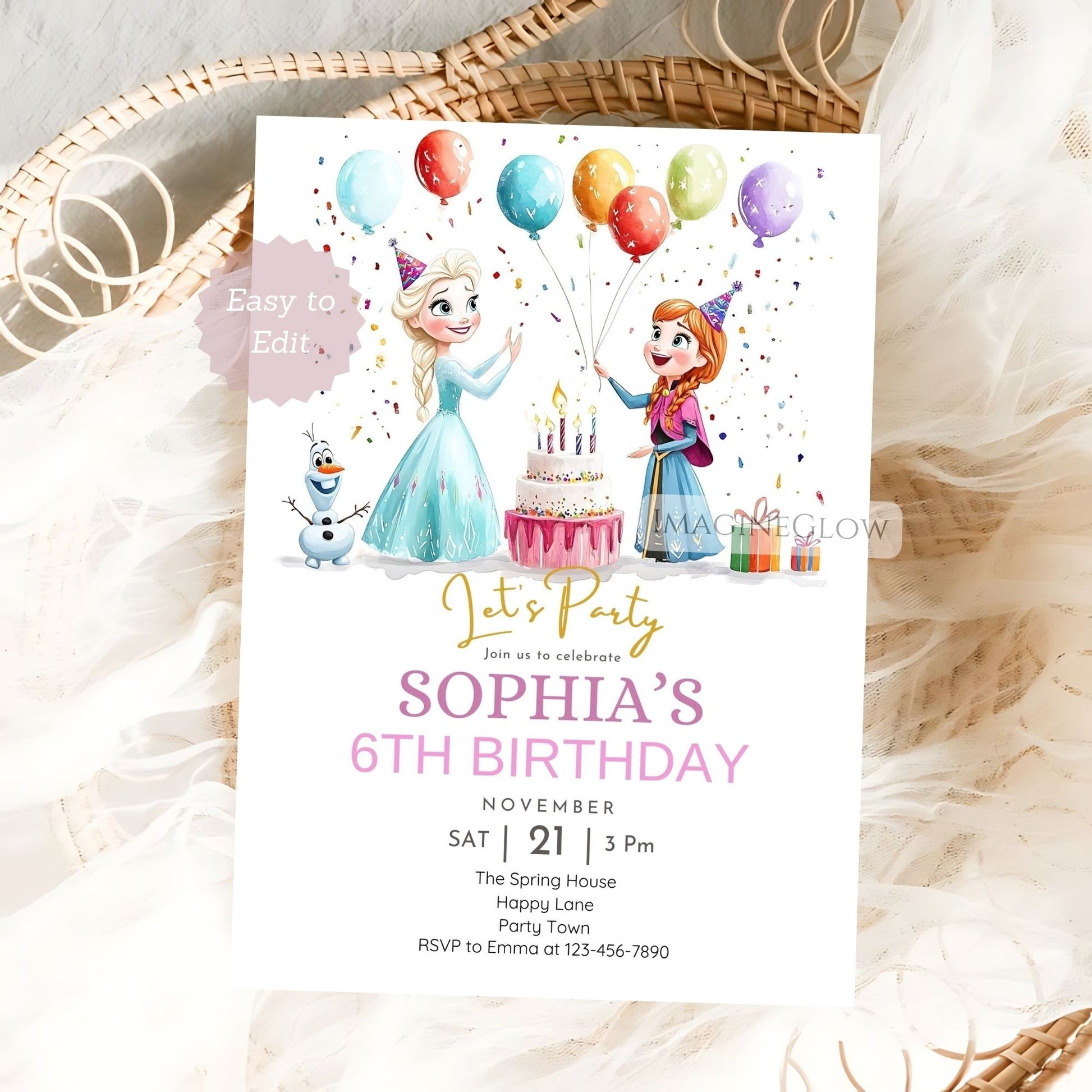 Frozen editable invite with snowflake background
