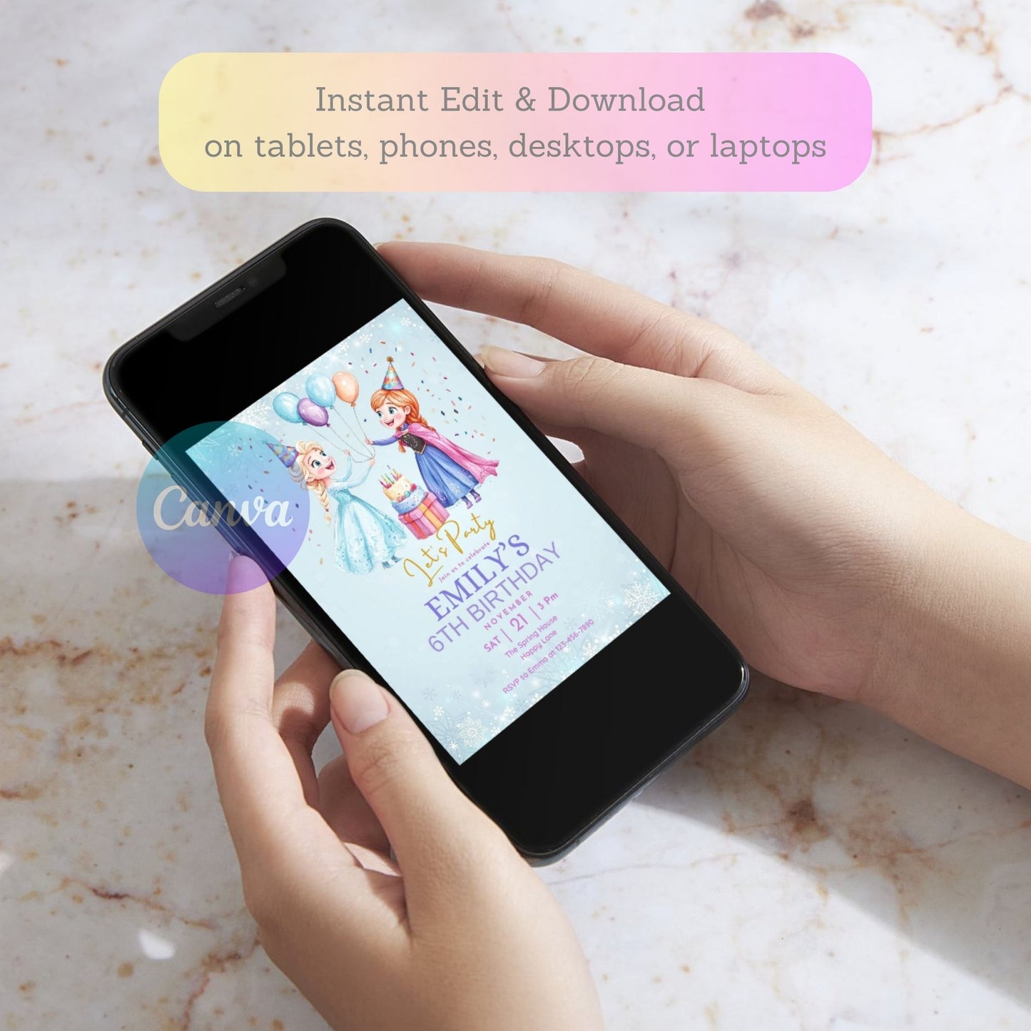 frozen cake and balloons party card
winter princess birthday invitation
