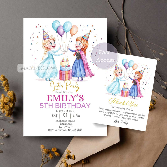 Frozen birthday invitation and thank you card set printable
Frozen-themed snow princess invitation and thank you card
