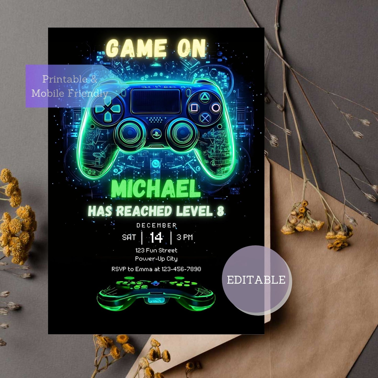 Editable video game birthday invitation with gaming and arcade theme