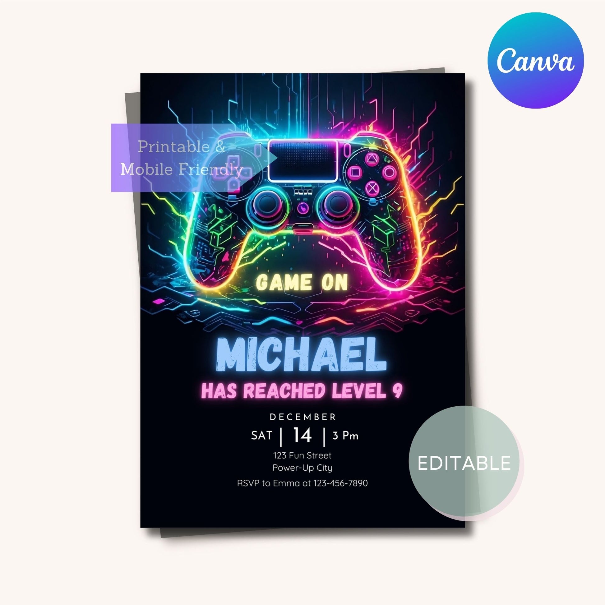 Customizable Level Up invite for gamer boy’s birthday with arcade elements