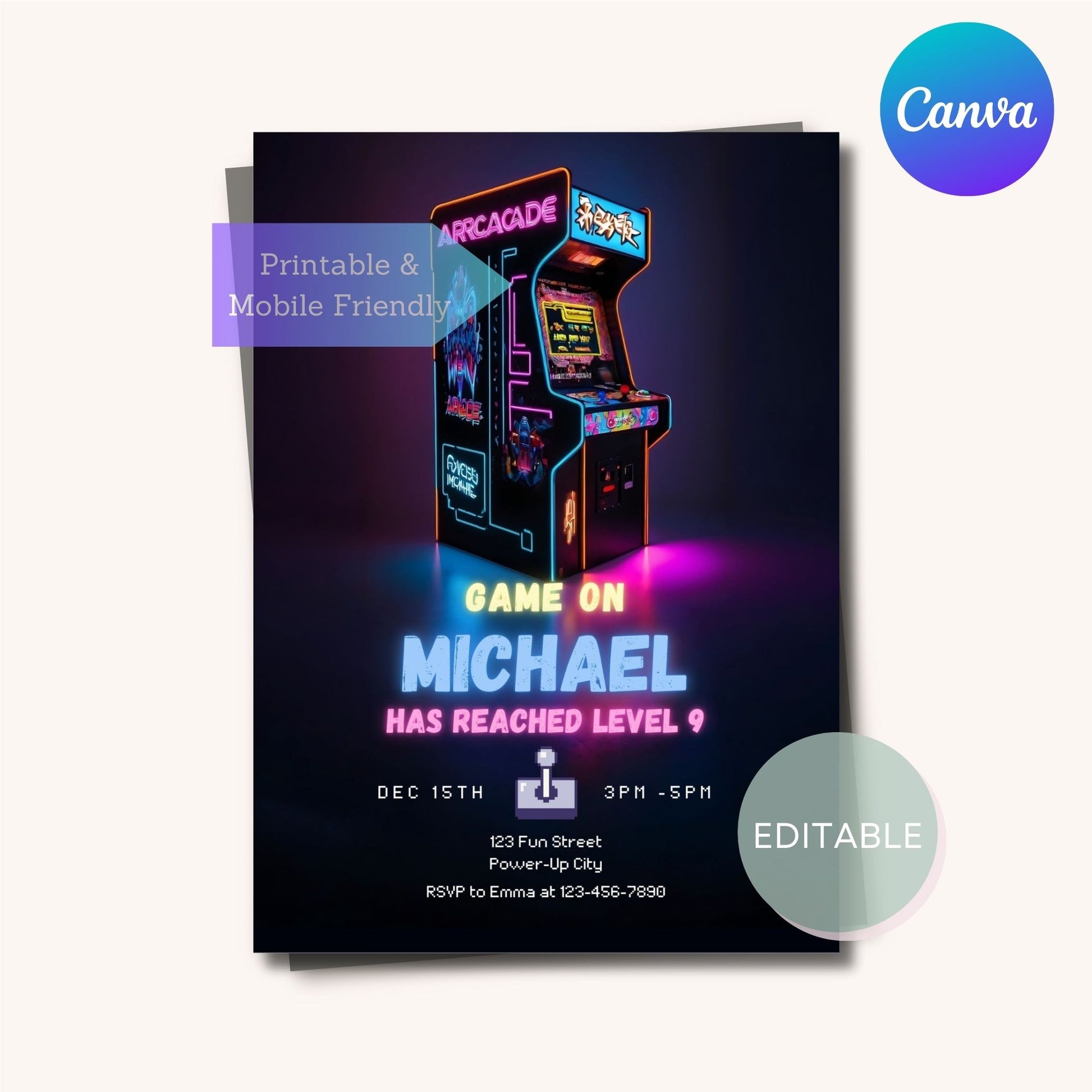 Neon glow arcade birthday invite template for a boy’s party