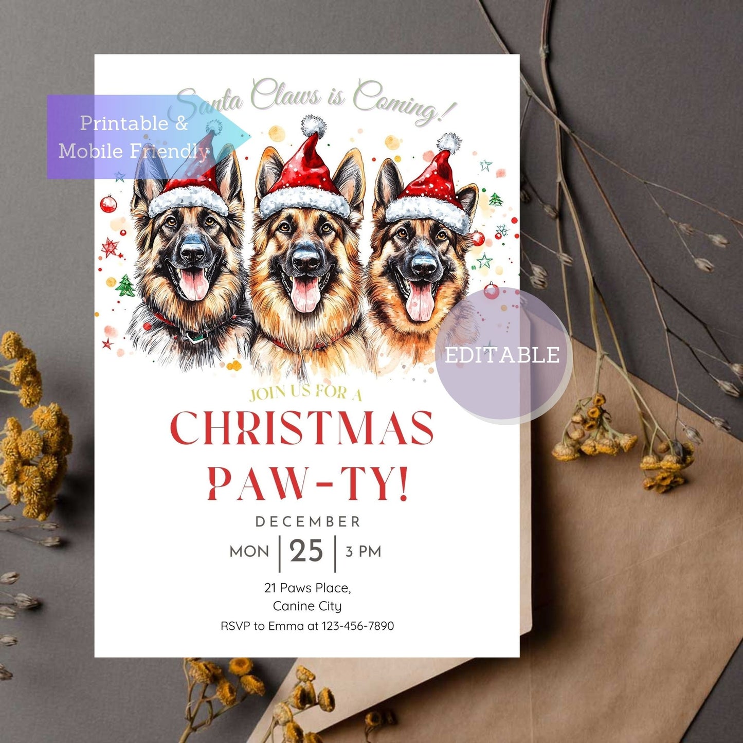 Editable German Shepherd dog Christmas party invitation template for holiday celebrations