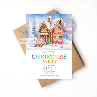 printable christmas party invitation with gingerbread design
