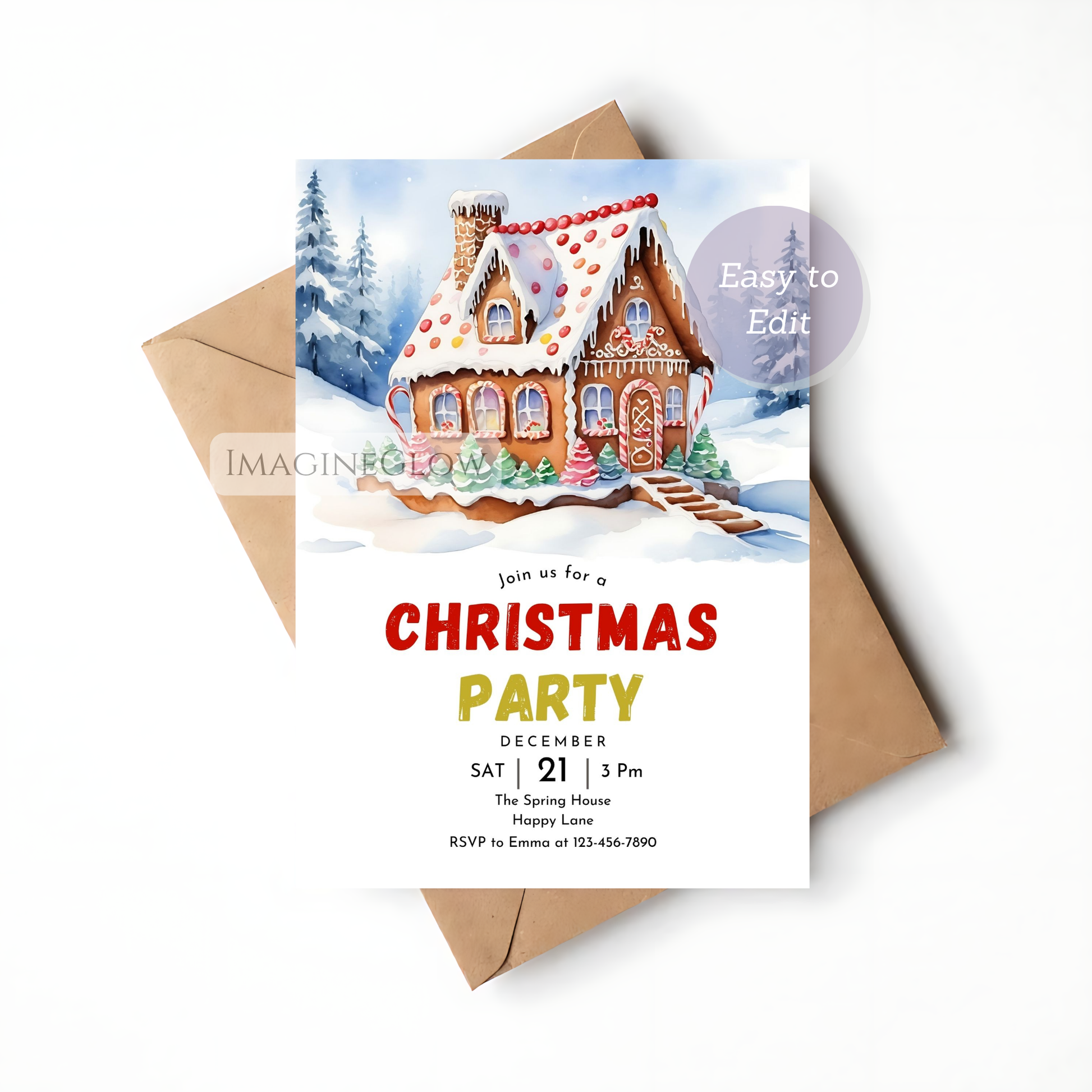 editable christmas party invite with gingerbread theme
