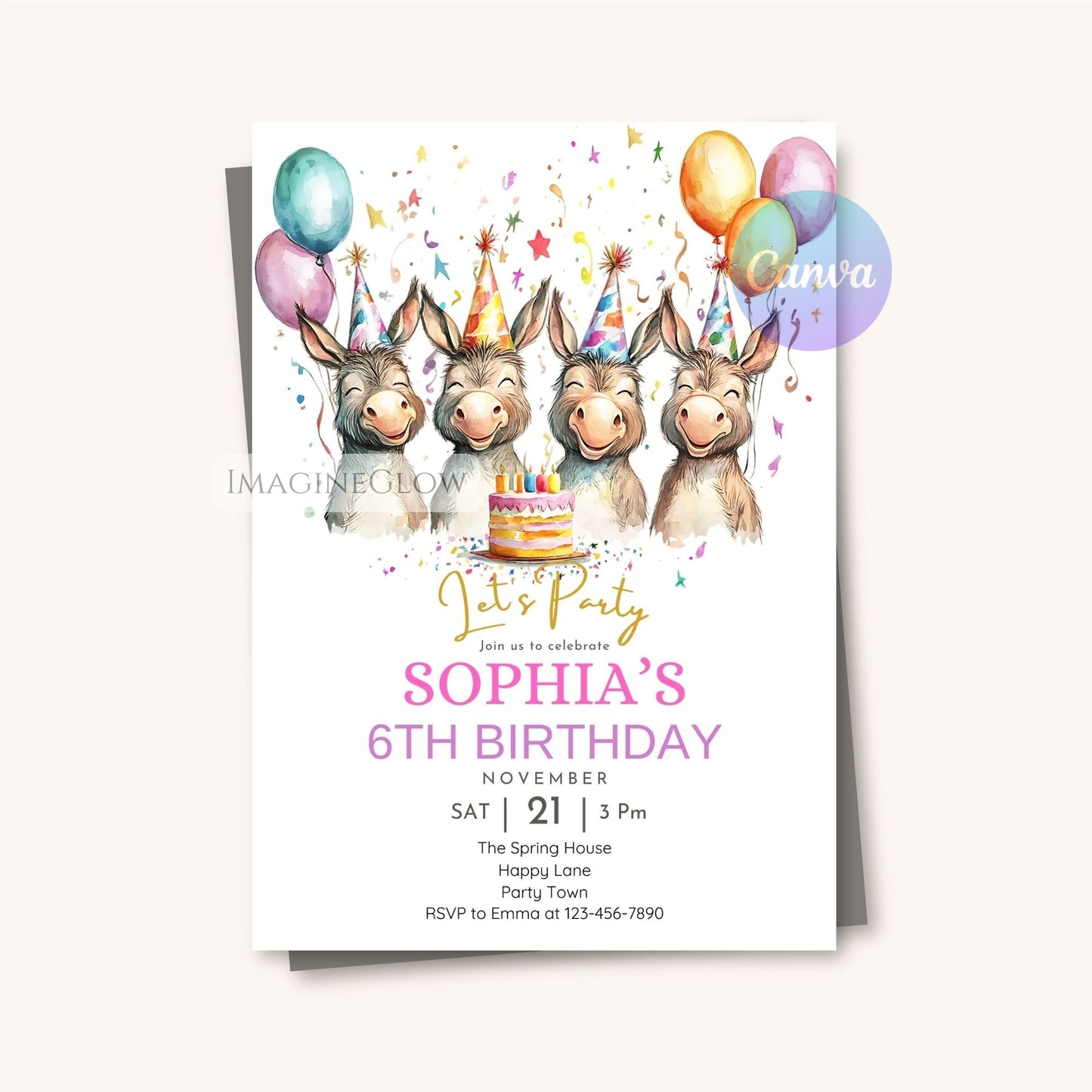 Editable barnyard invitation for girls
Pastel donkey birthday party invitation
