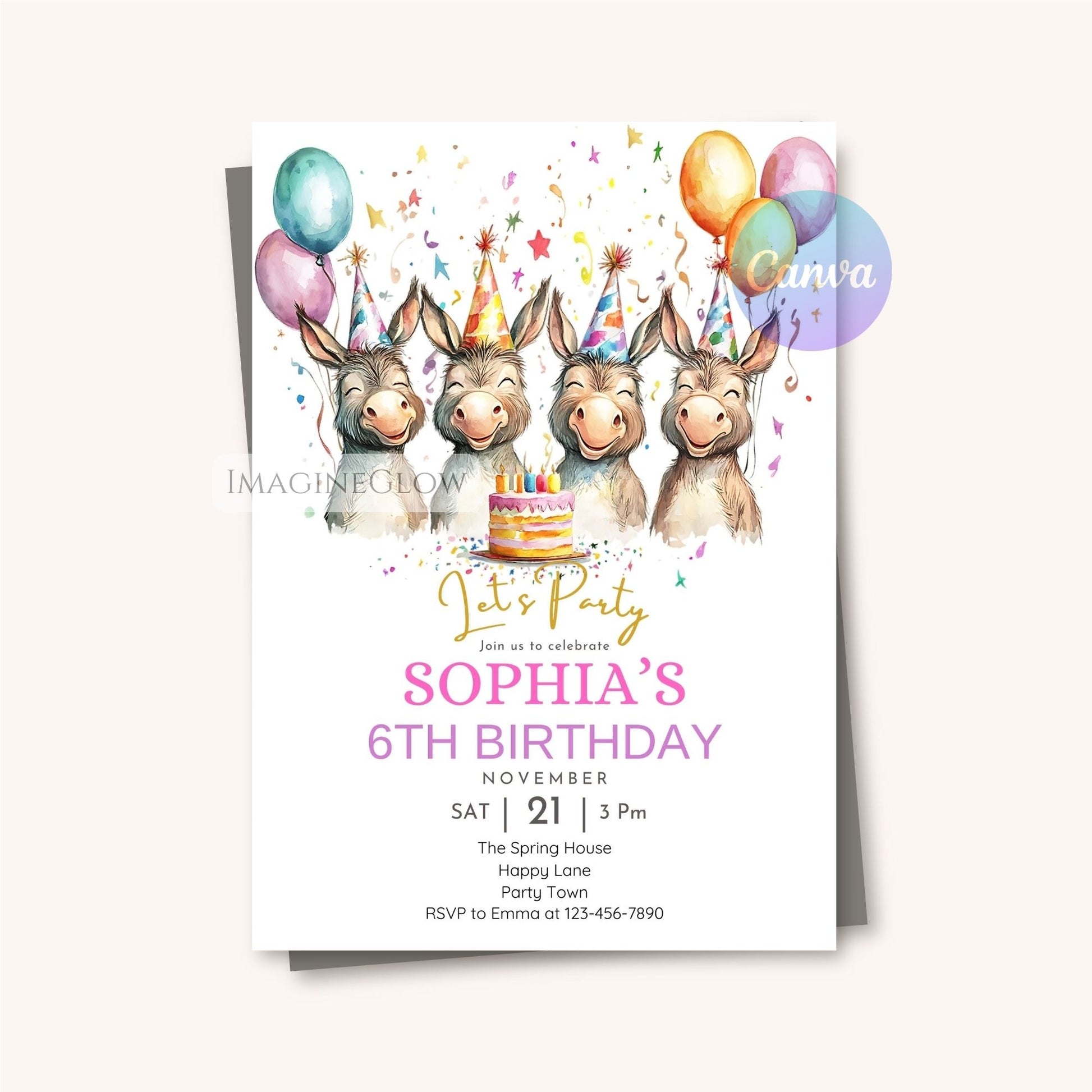 Editable barnyard invitation for girls
Pastel donkey birthday party invitation
