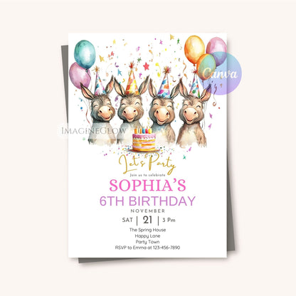 Editable barnyard invitation for girls
Pastel donkey birthday party invitation
