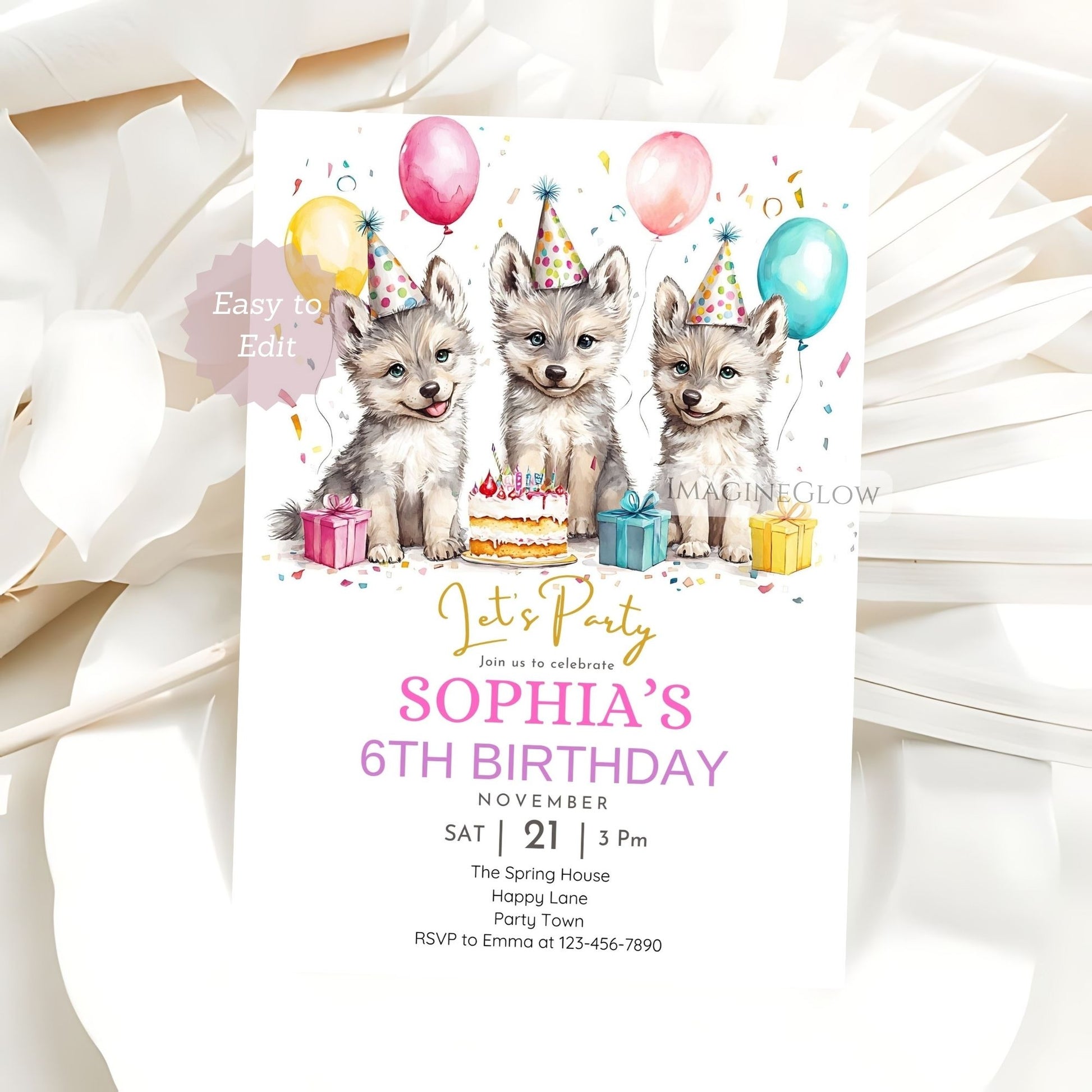 Editable floral wolf birthday card
Cute wolf girl birthday invitation
