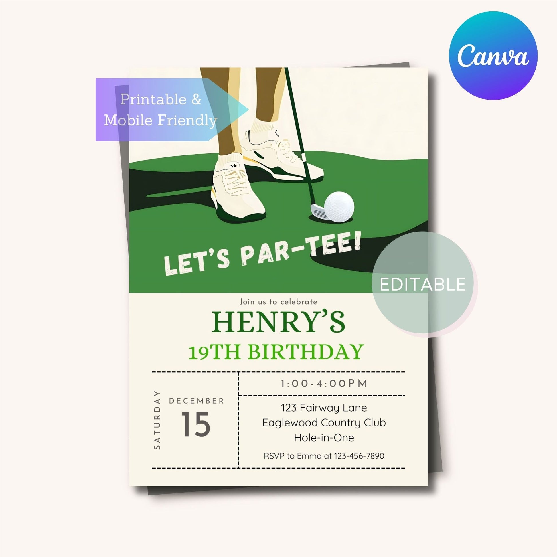 Printable golf party invite designed for kids and adults, editable in Canva.