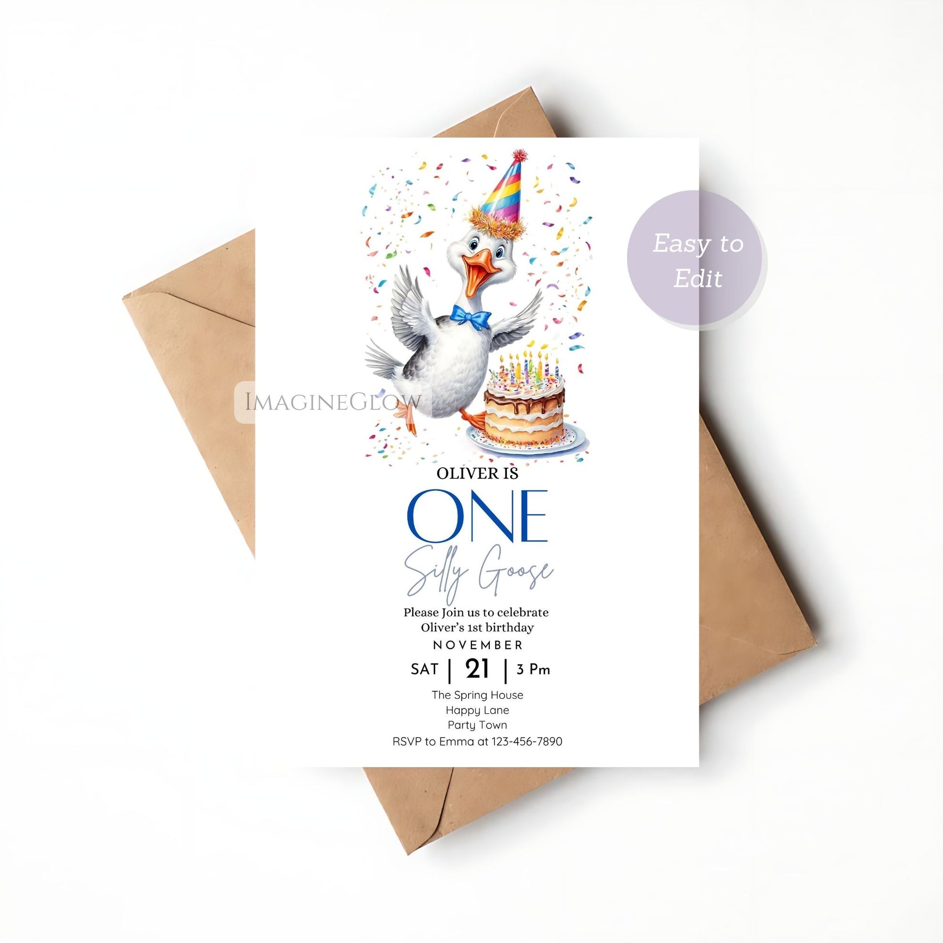 Fun and playful goose birthday invite for boy
