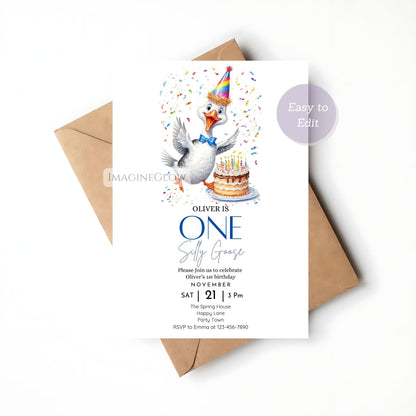 Fun and playful goose birthday invite for boy
