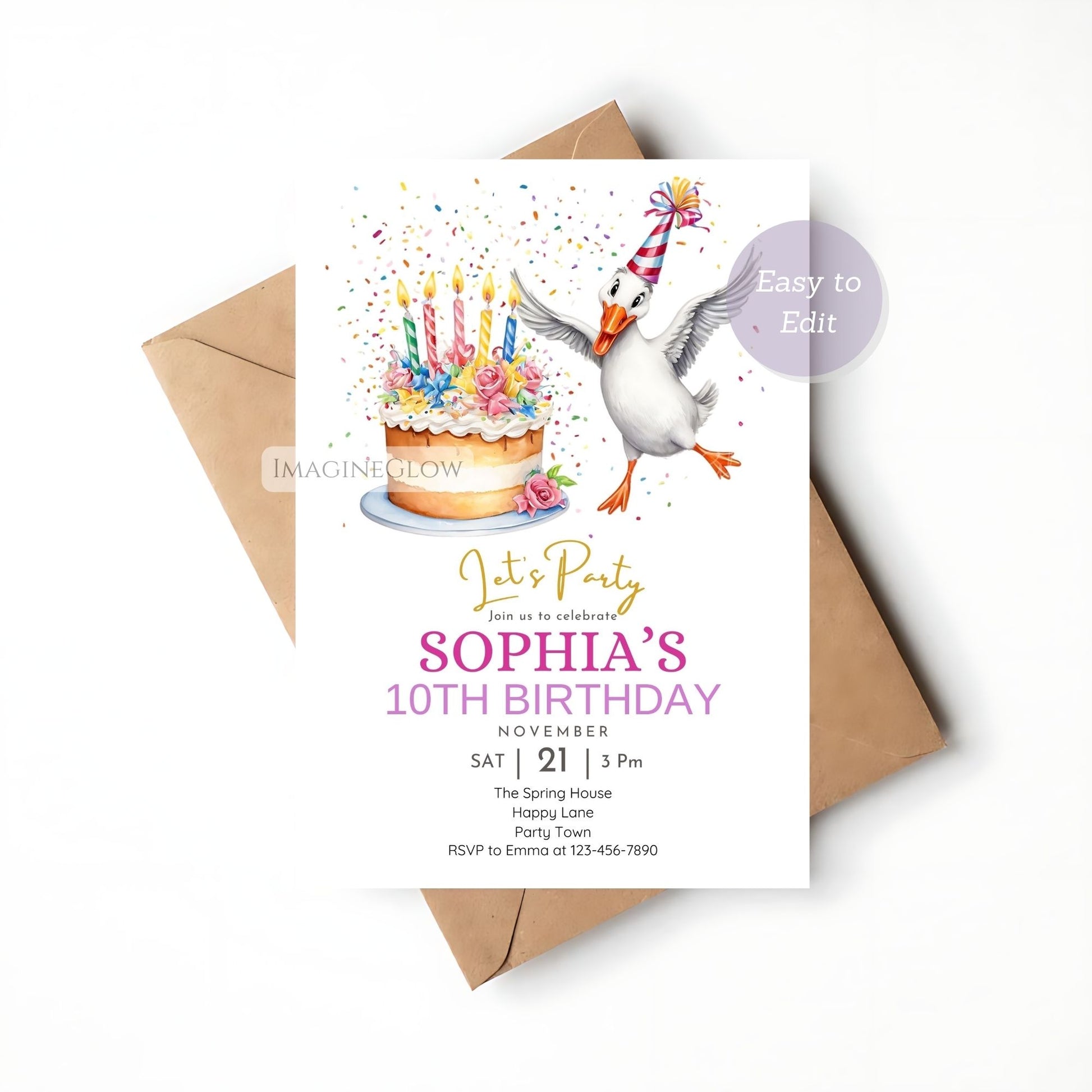 Goose party invitation for baby girl’s first birthday
