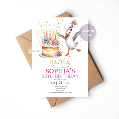 Goose party invitation for baby girl’s first birthday
