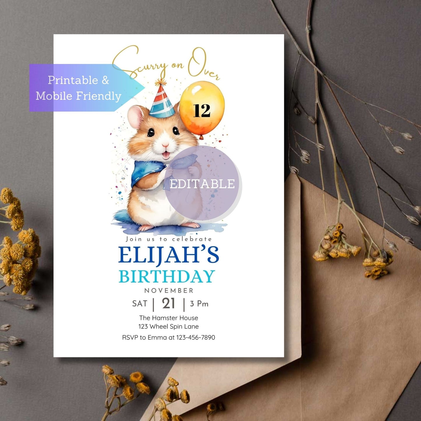 Editable hamster birthday invitation template with balloon displaying customizable age, designed in Canva