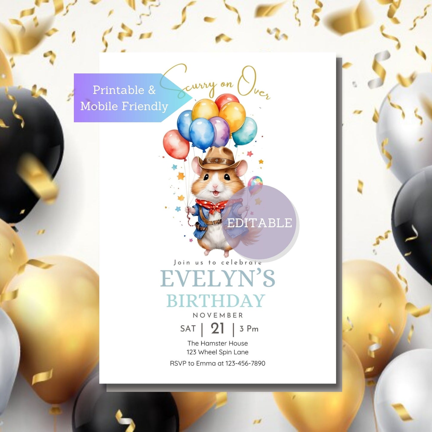 Customizable hamster-themed birthday invitation with cowboy hamster, two design options in Canva