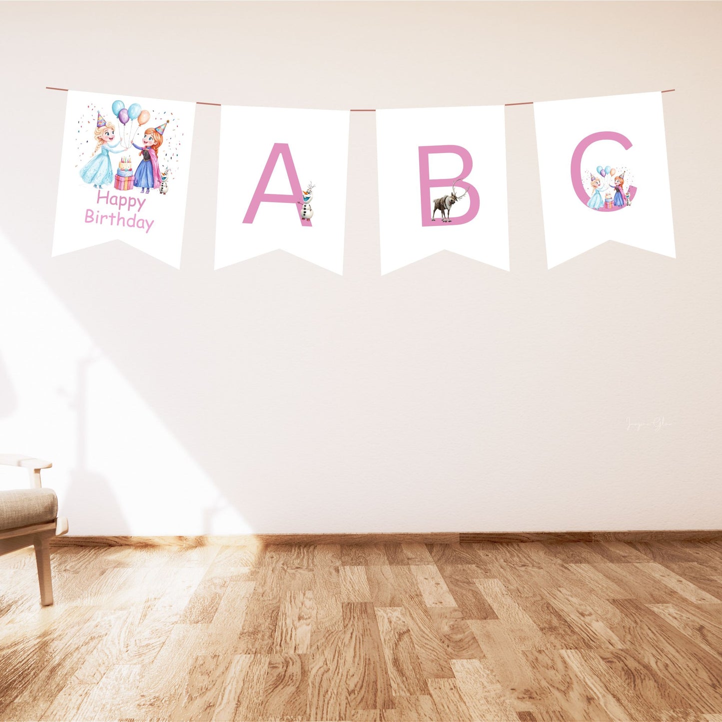 Decorative banner with 'Happy Birthday' and letters 'A', 'B', 'C' on a plain wall.
