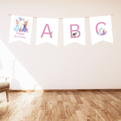 Decorative banner with 'Happy Birthday' and letters 'A', 'B', 'C' on a plain wall.