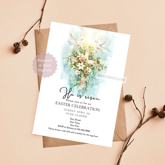 He Is Risen Easter Invitation with Floral Christian Design
