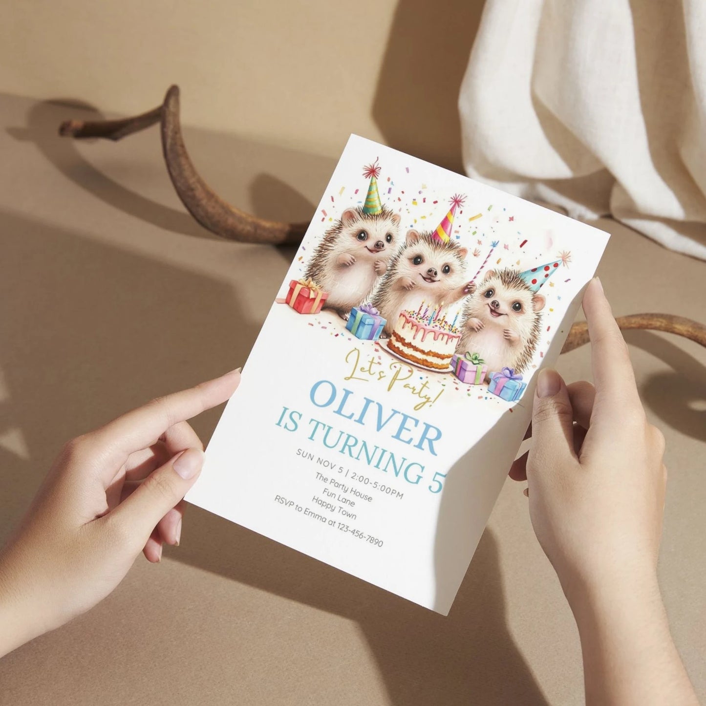 Cute forest animal birthday invitation with an adorable hedgehog.