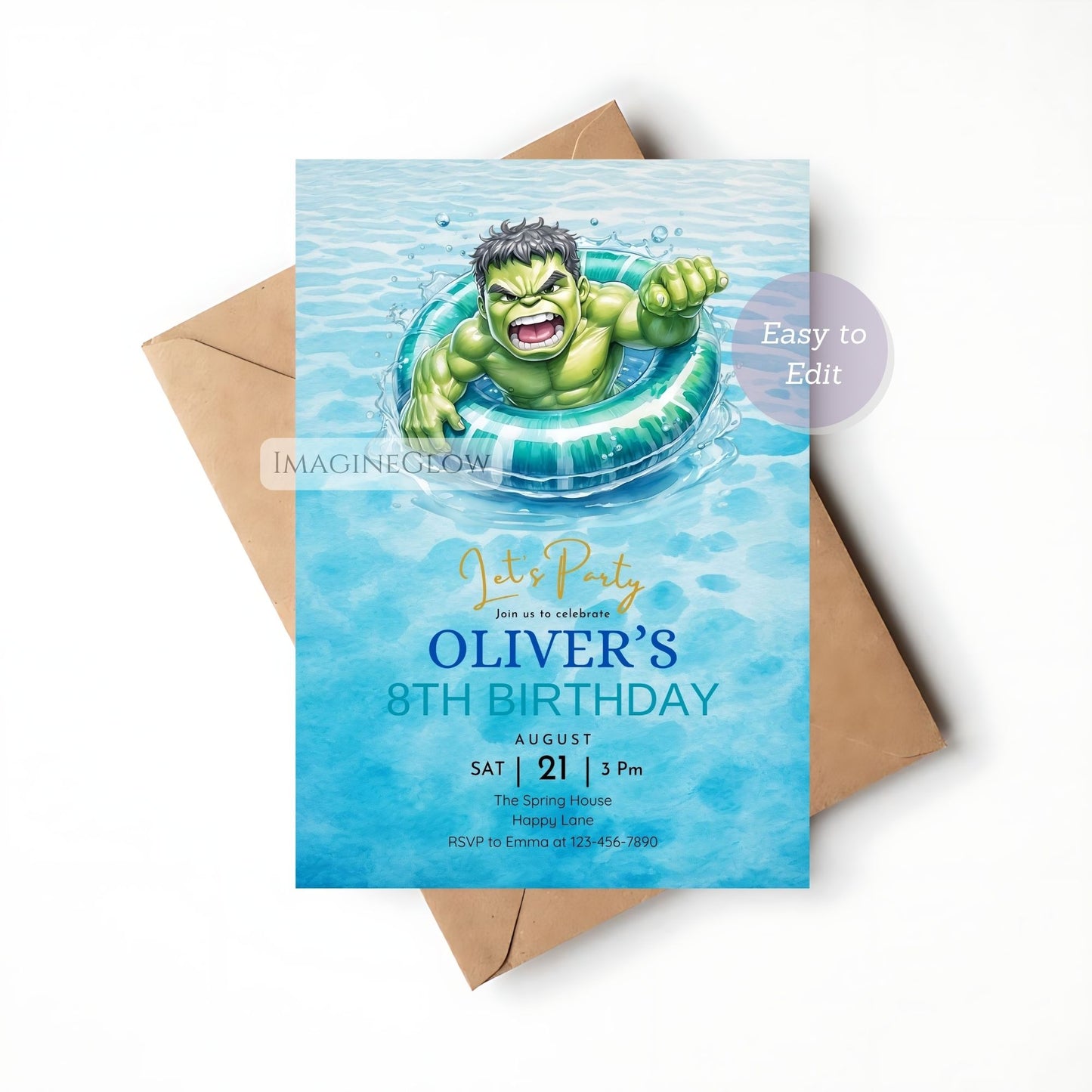 Birthday invitation card with Hulk character in a pool, featuring an envelope on a white background.