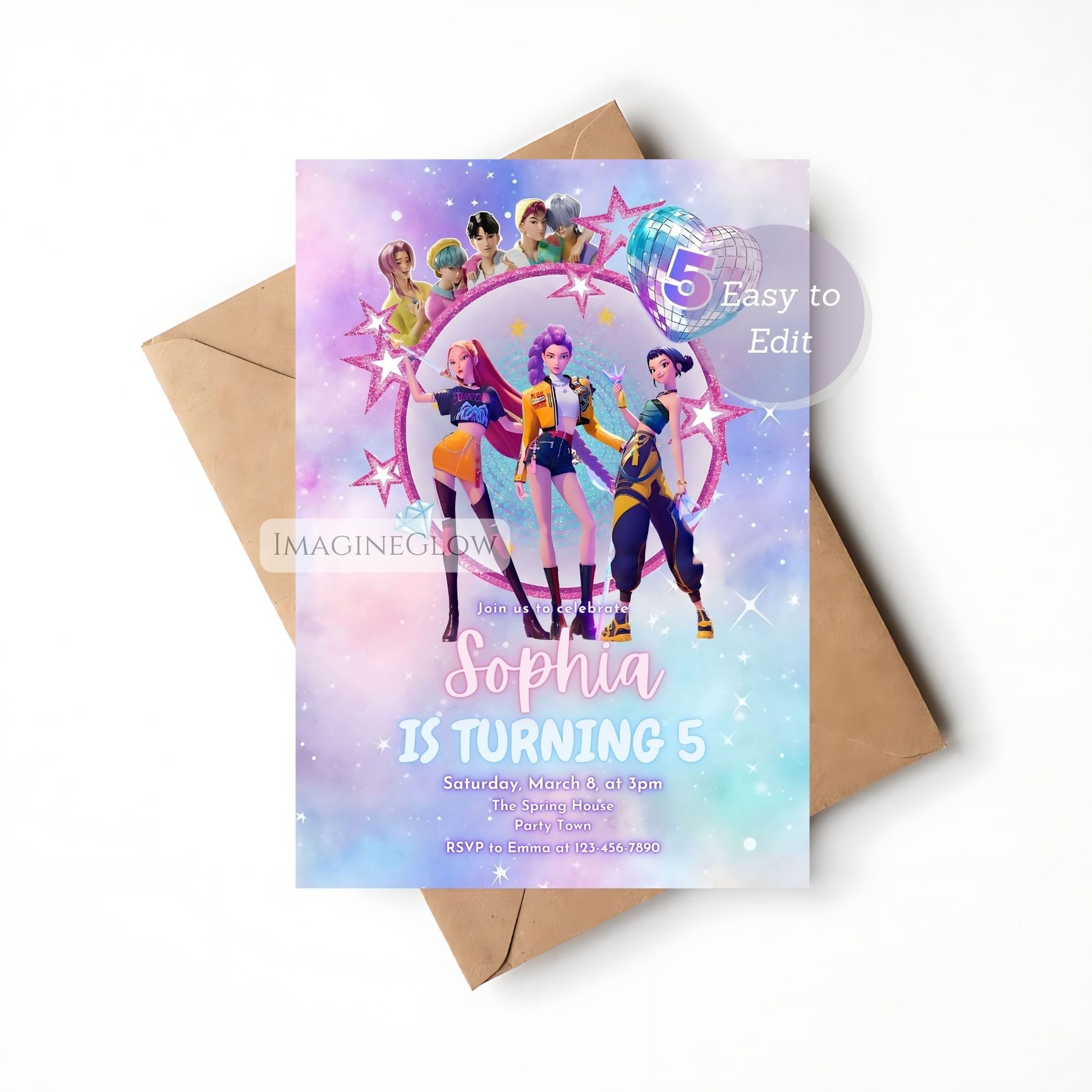 KPOP Demon Hunters themed birthday invite featuring HUNTRIX
