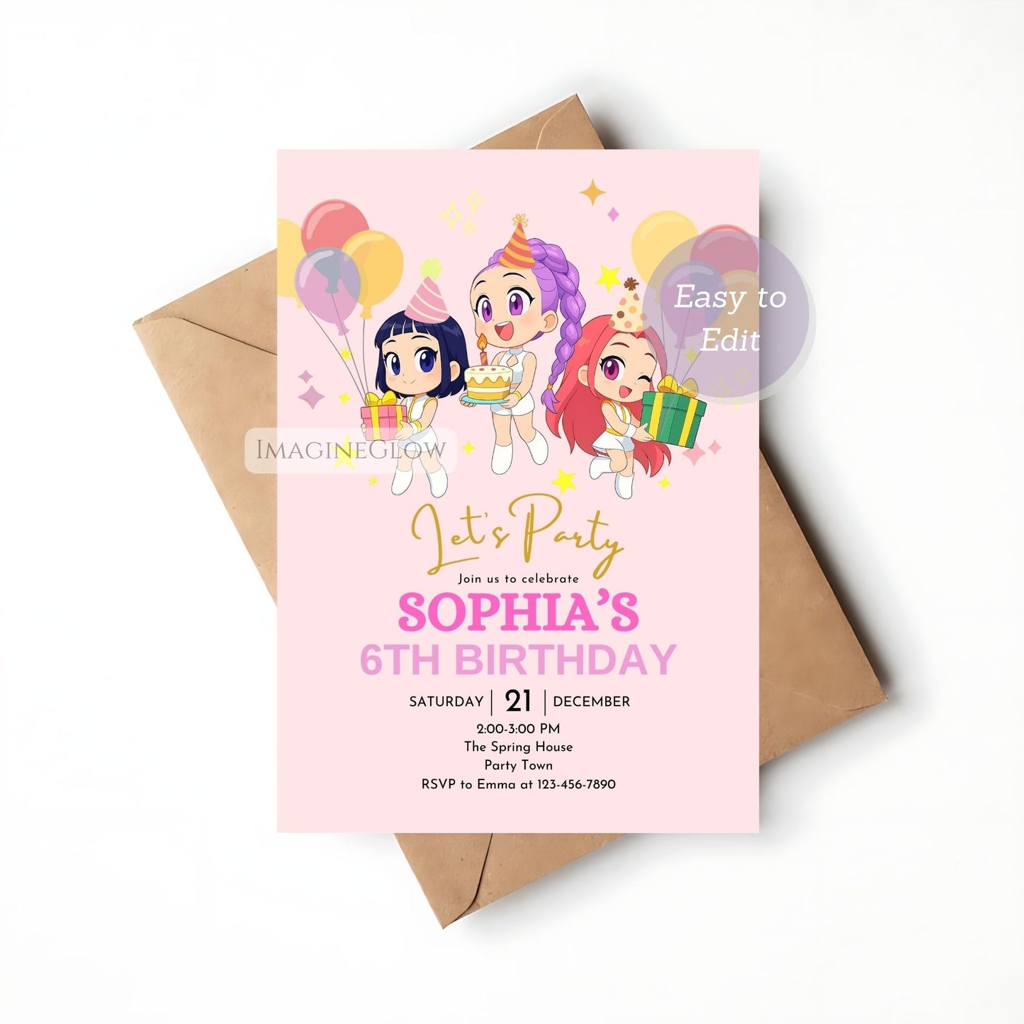 huntrix kpop themed invitation template
printable anime kpop birthday invite
editable huntrix demon hunters invitation
