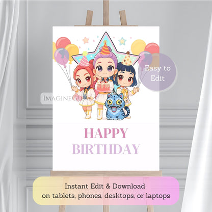 anime birthday party welcome poster
kpop anime party decoration printable
editable anime girl birthday sign

