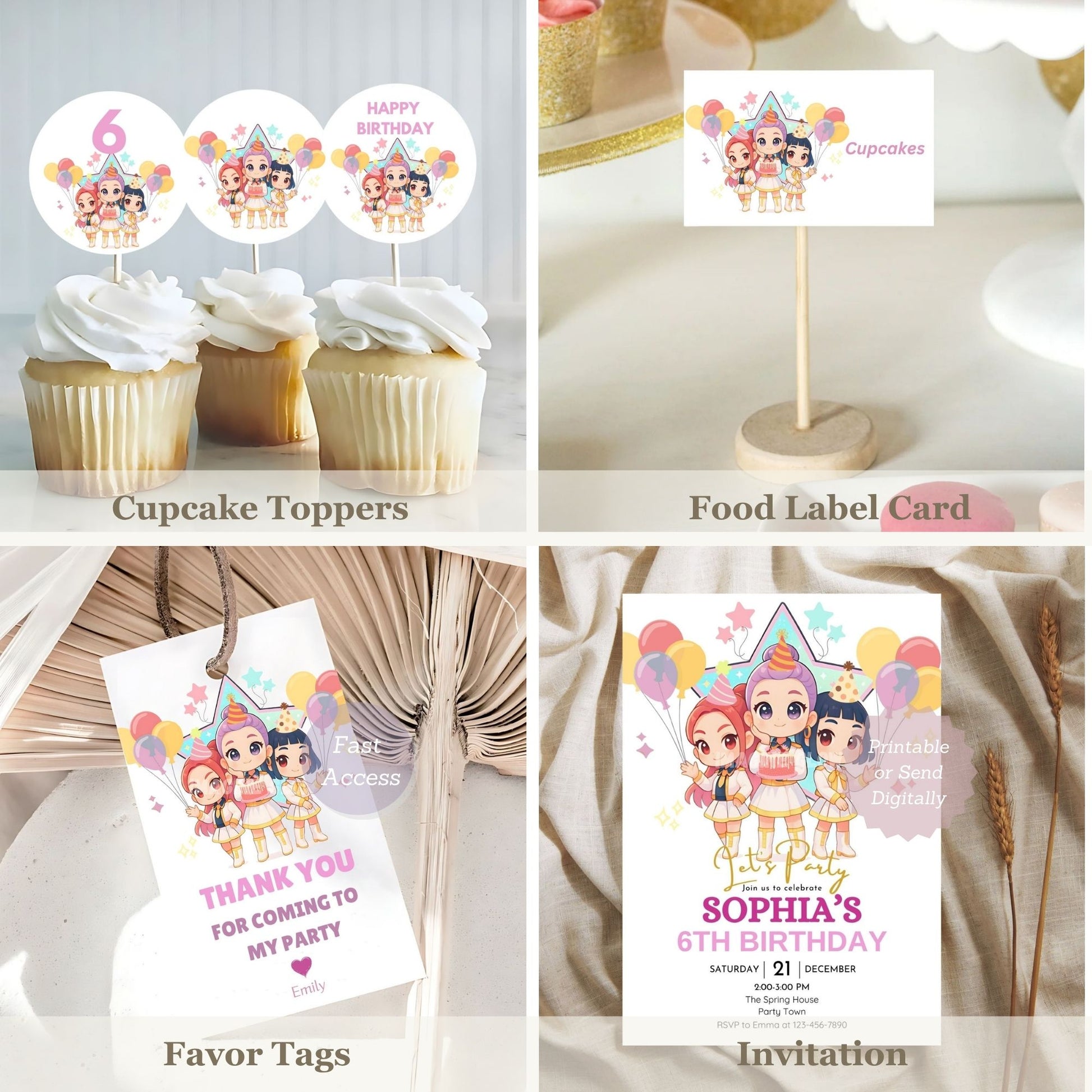 Collection of kpop demon hunters birthday party items including cupcake toppers, food label card, favor tags, and invitation