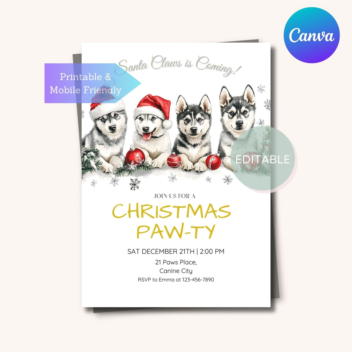 Printable Husky Dog Christmas Invitation - Canva Design