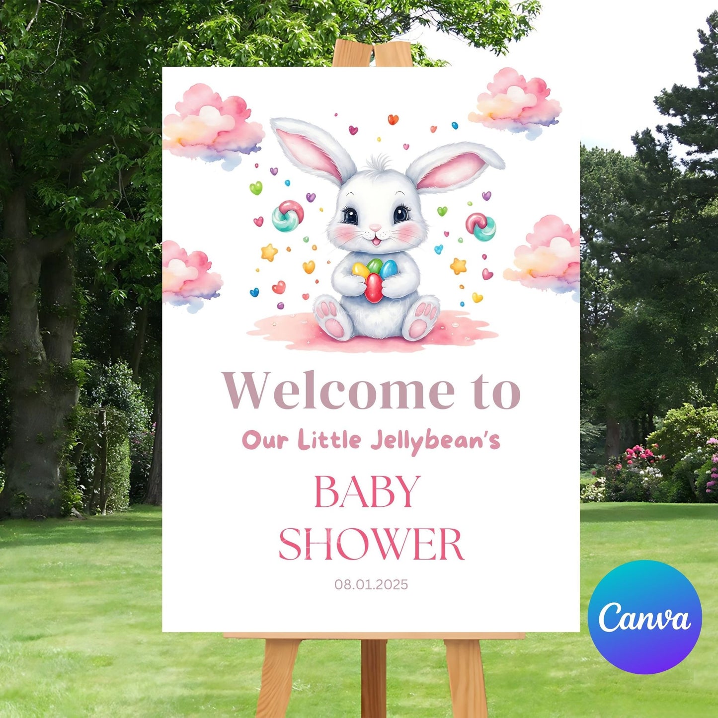 Sweet and colorful Little Jellybean baby shower sign with pink bunny for girl.
