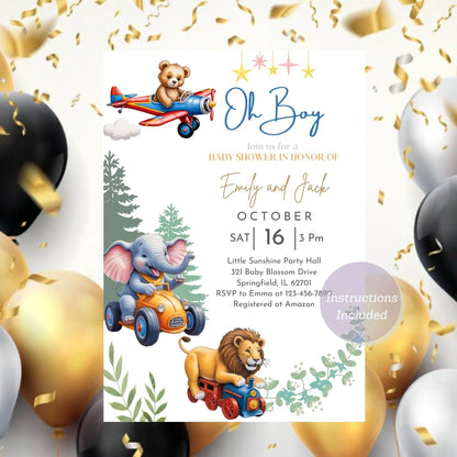 Jungle safari birthday invitation featuring animals for kids.
Jungle safari animal birthday invite for kids editable template.