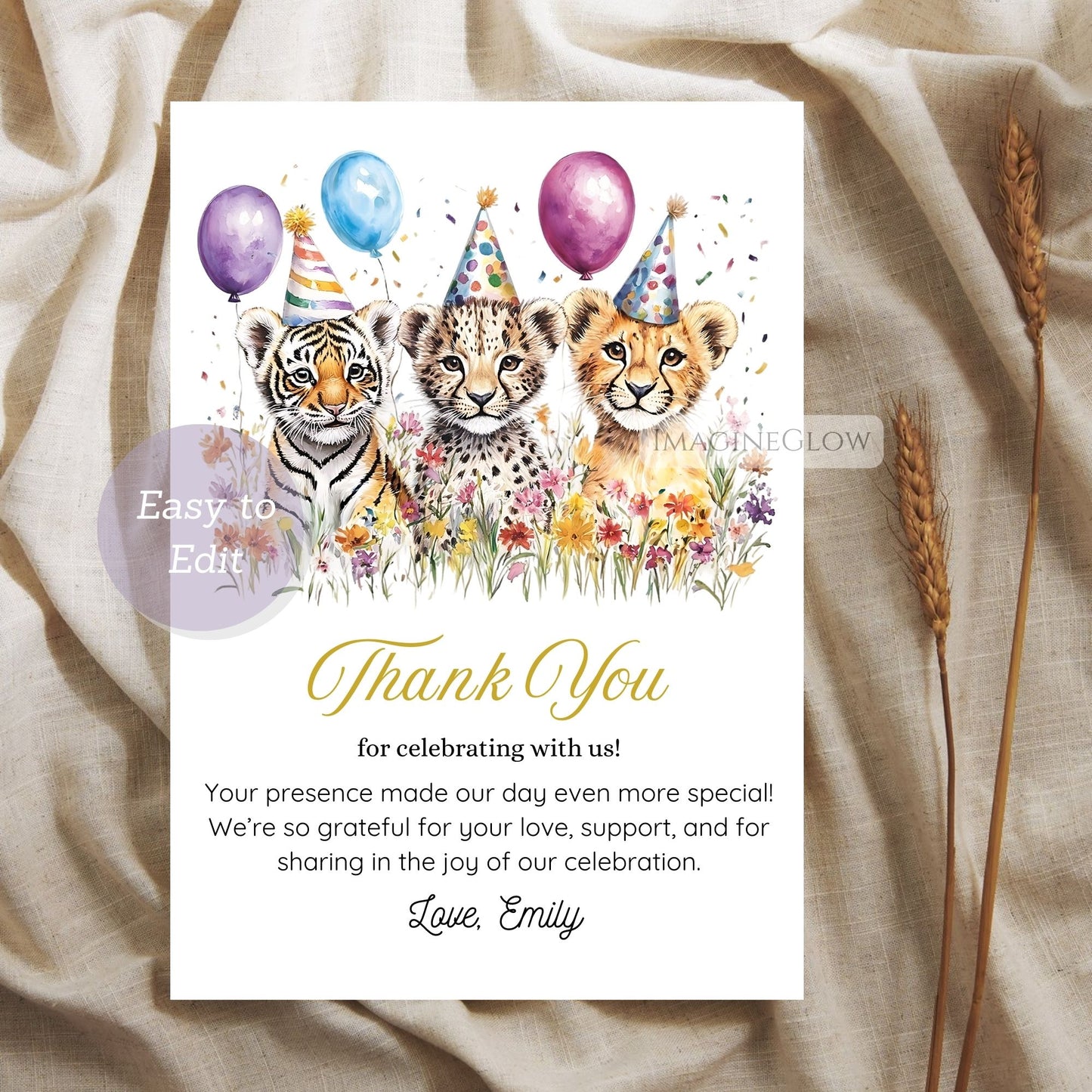 lion leopard tiger party cards
editable safari place cards
wild cat jungle thank you cards
printable safari birthday table cards
