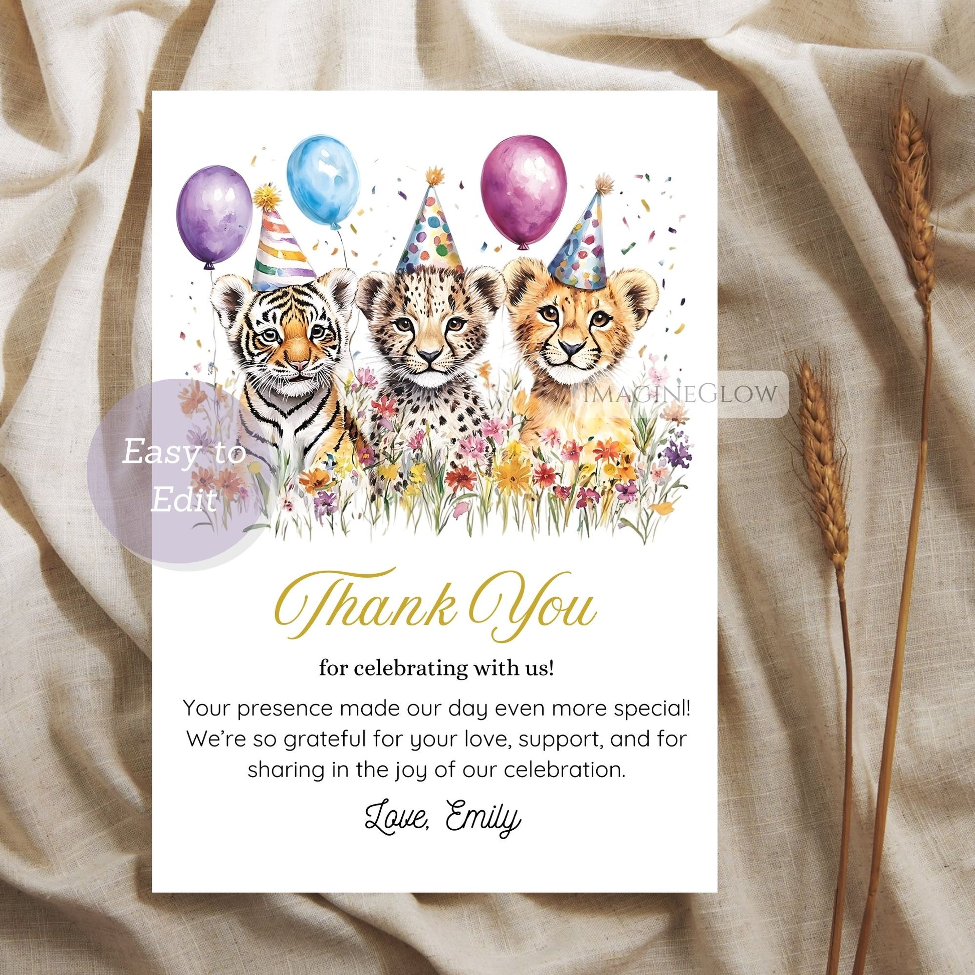 lion leopard tiger party cards
editable safari place cards
wild cat jungle thank you cards
printable safari birthday table cards