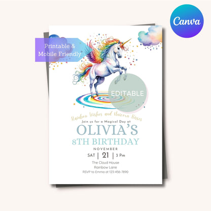 Printable rainbow unicorn birthday invitation, mobile-friendly for easy sharing