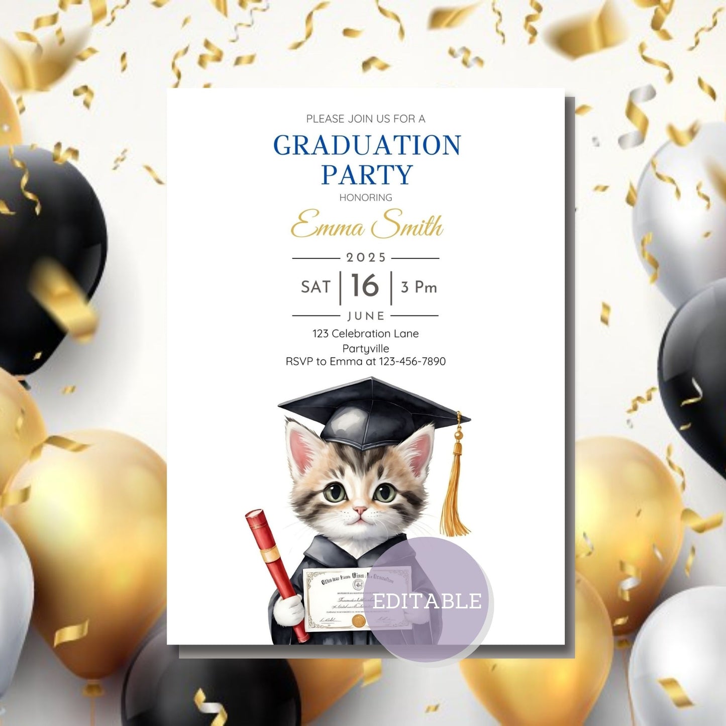 Customizable graduation party invite with cute kitten design