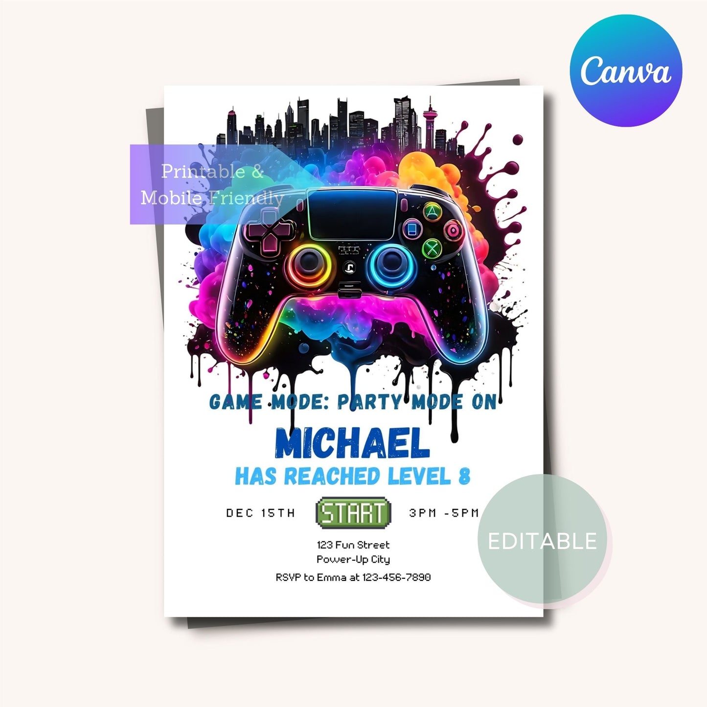 Level Up birthday invitation template featuring neon glow and gaming graphics