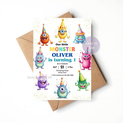 colorful monster birthday invitation editable
