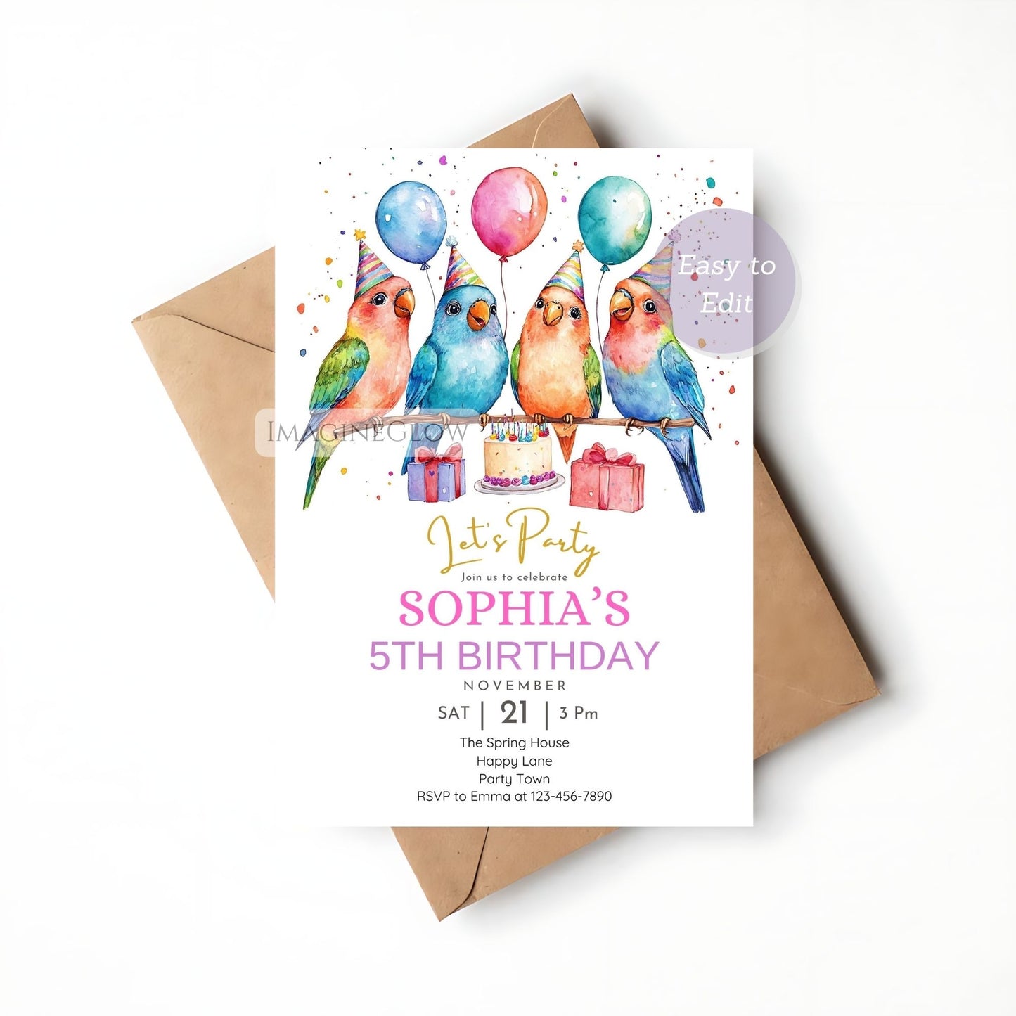 Printable birthday invite with colorful lovebirds
