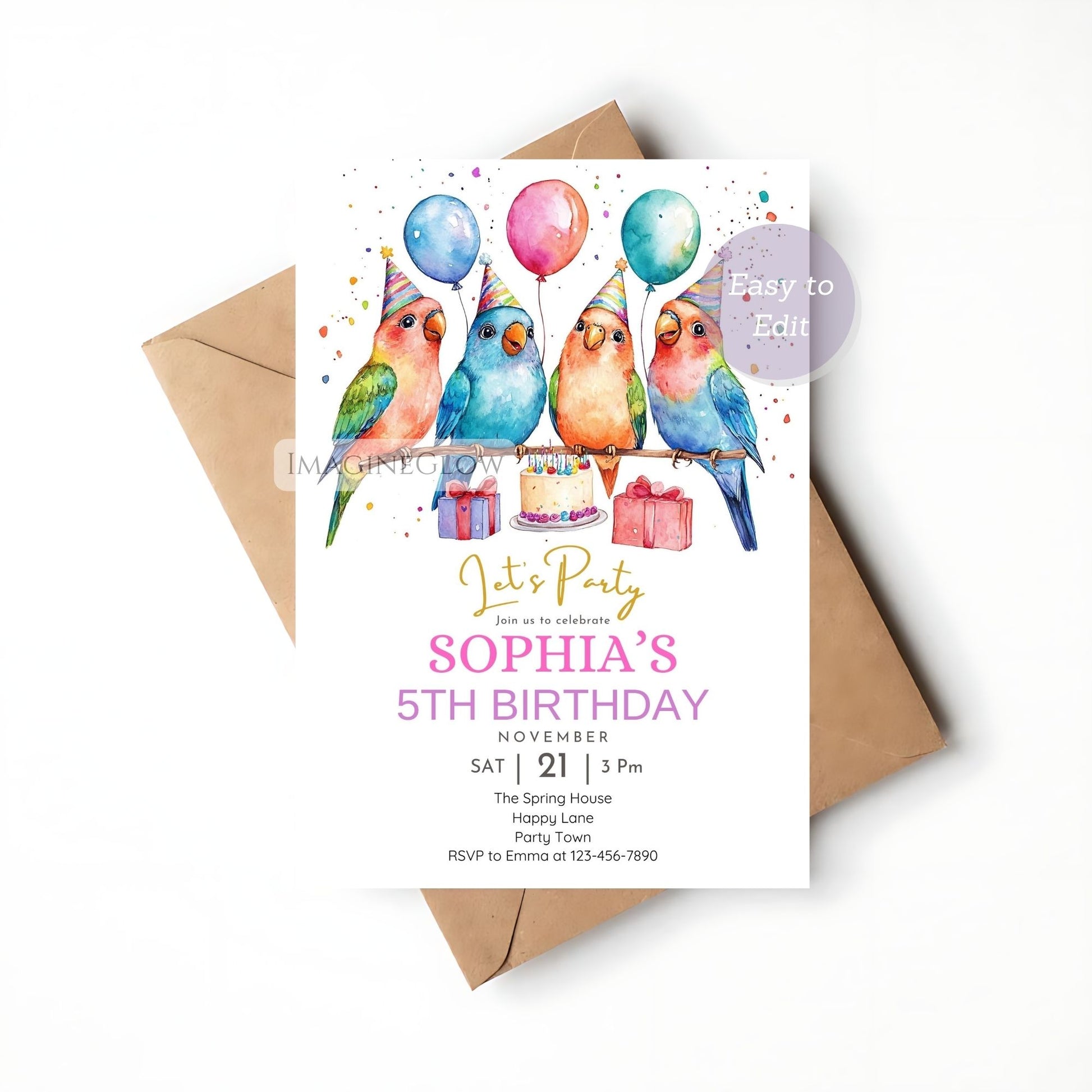 Printable birthday invite with colorful lovebirds
