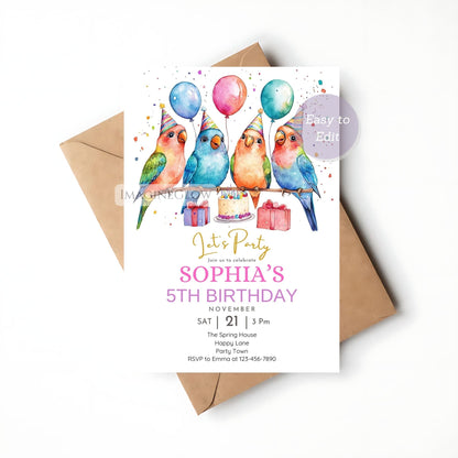 Printable birthday invite with colorful lovebirds
