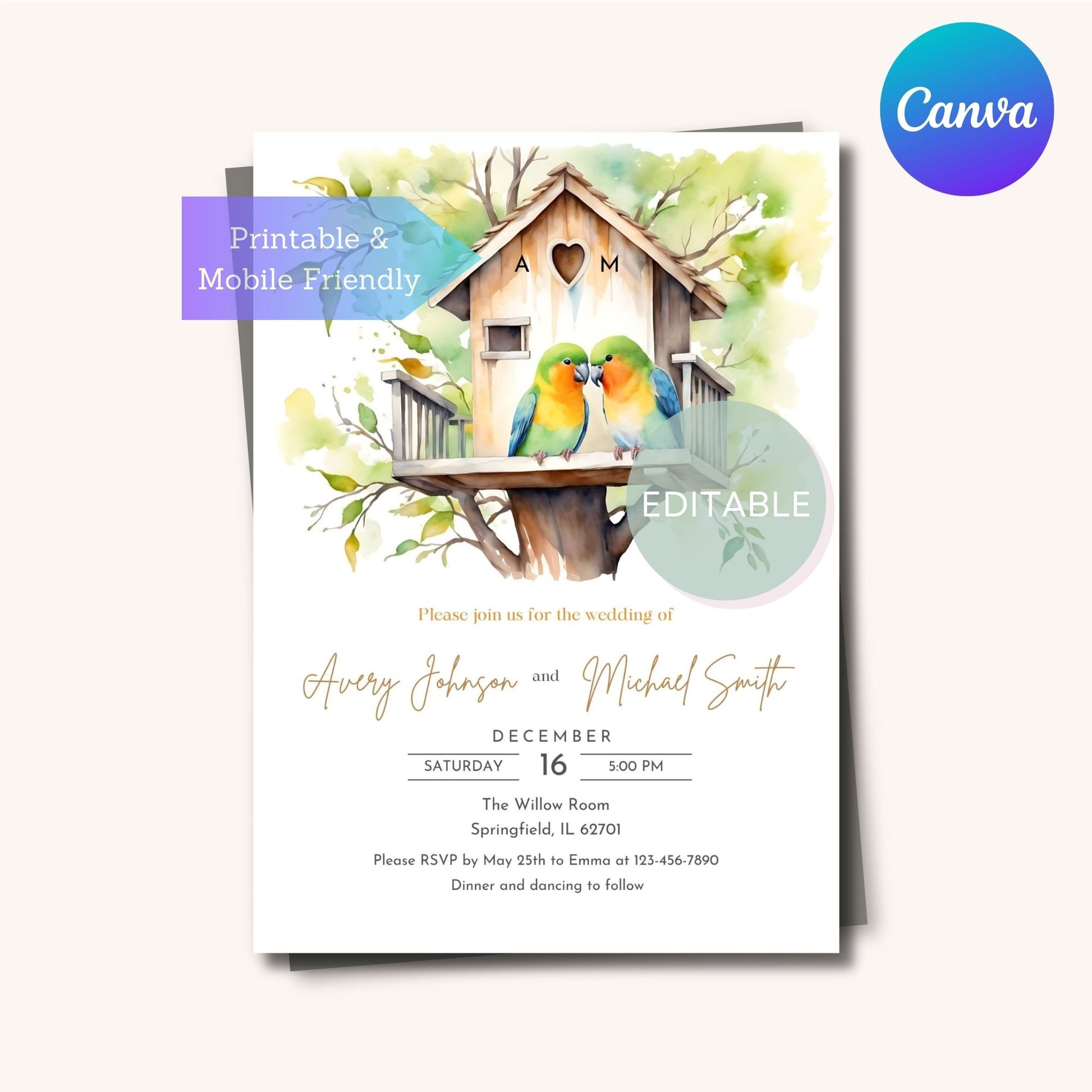 Printable anniversary invitation with lovebirds and editable treehouse initials, Canva design