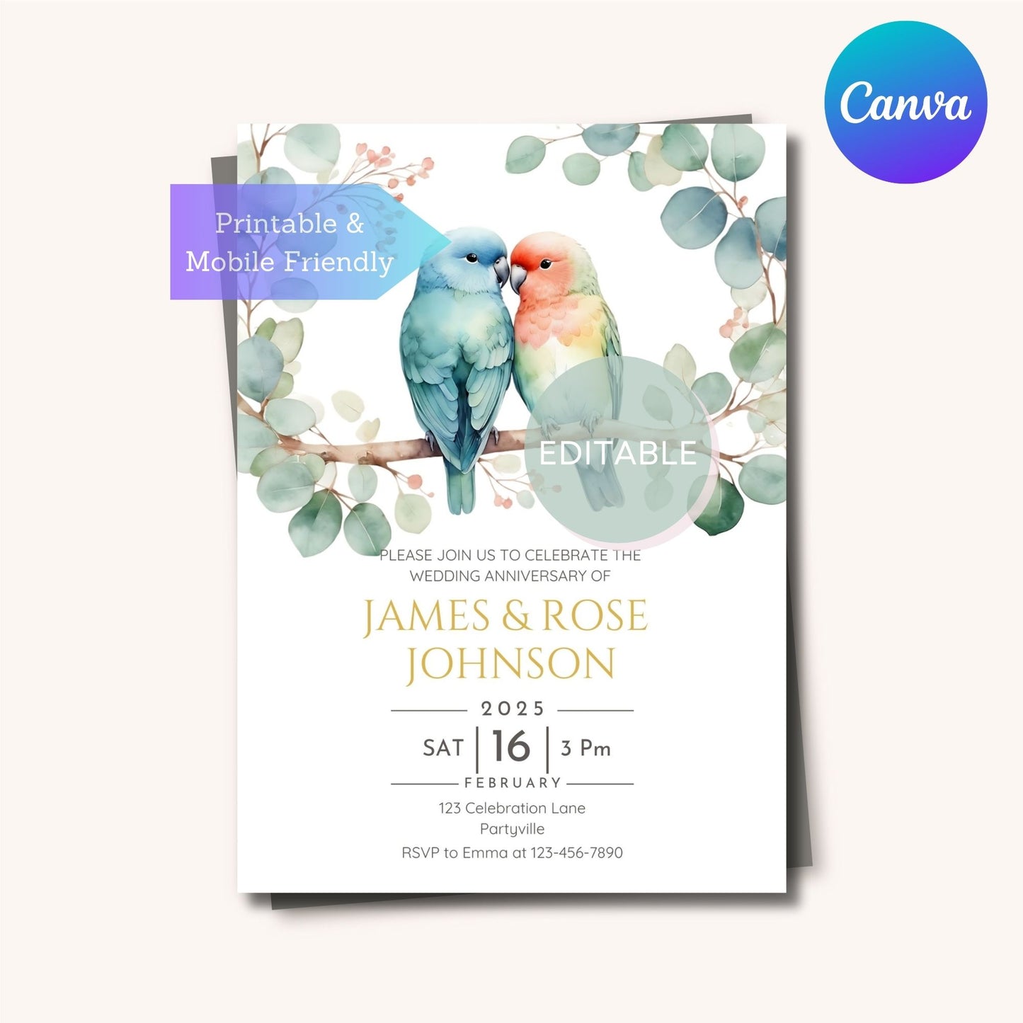 Anniversary party invitation with lovebirds, customizable for any milestone