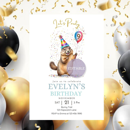 Marmot birthday invitation template editable on phone and desktop.
