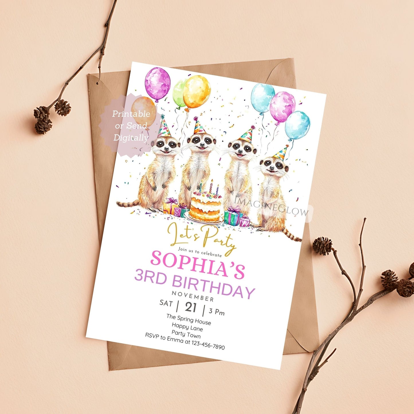 Meerkat zoo theme birthday party card
Wild animal birthday invitation with meerkats
